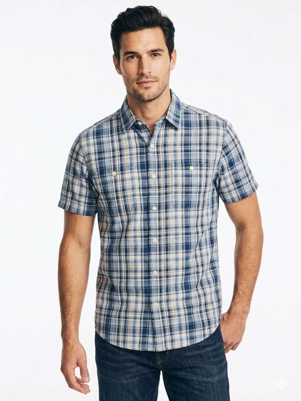Nautica Shirt Blue Plaid Short Sleeve Button Down Size Medium